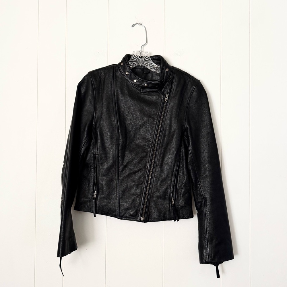Vintage FMC Genuine Leather Moto Biker Studded Black Jacket Small 80s 90s - Picture 2 of 12